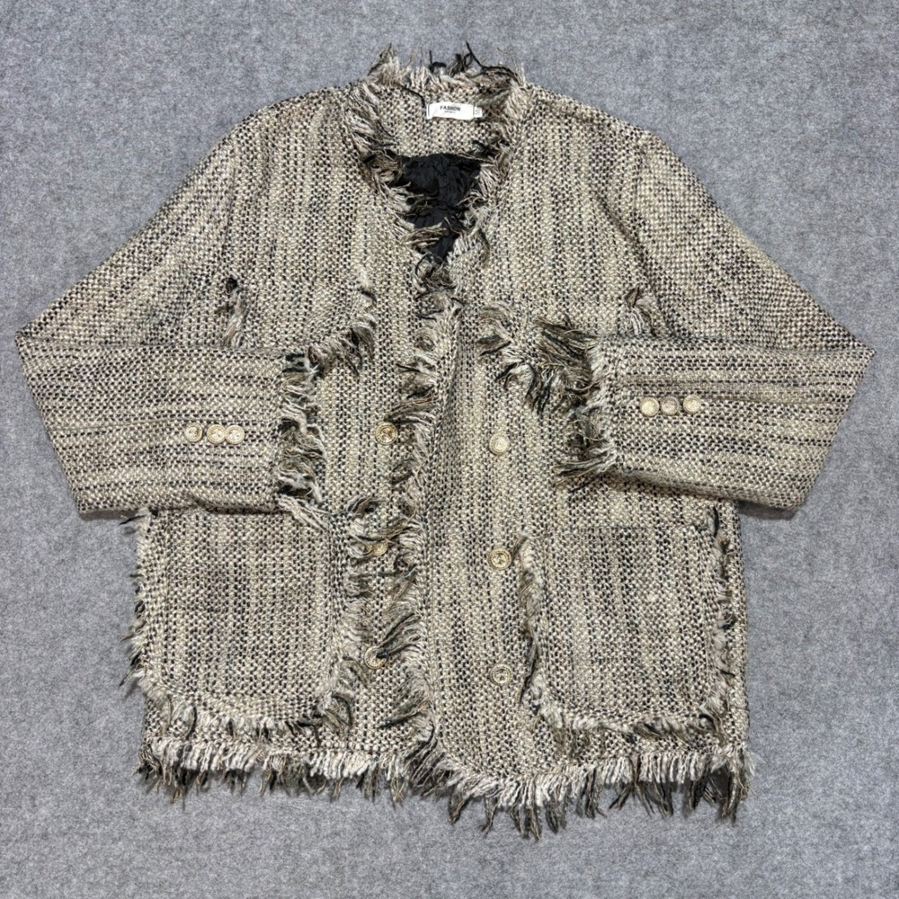 FASHION Tan Black Tweed Fringed Blazer Jacket Gold Crest Button Medium